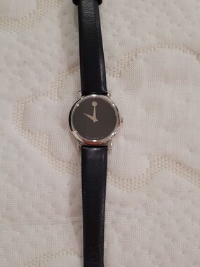 Movado Classic Silver Case Black Leather Strap Watch